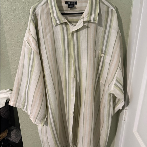 Linen Striped Green and White Men's Shirt - Picture 2 of 5